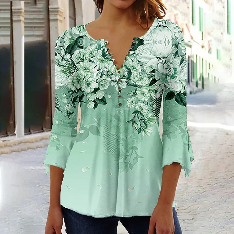 Women's Floral Printed 34 Sleeves V-neck Buttons Shirt ShoppingLifes.com