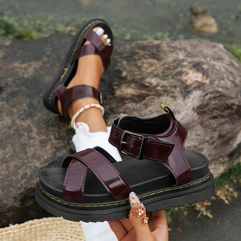 Summer Thick-soled Cross-strap Solid Color Buckle Plus Size Hollow-out Roman Style Sandals ShoppingLife.site