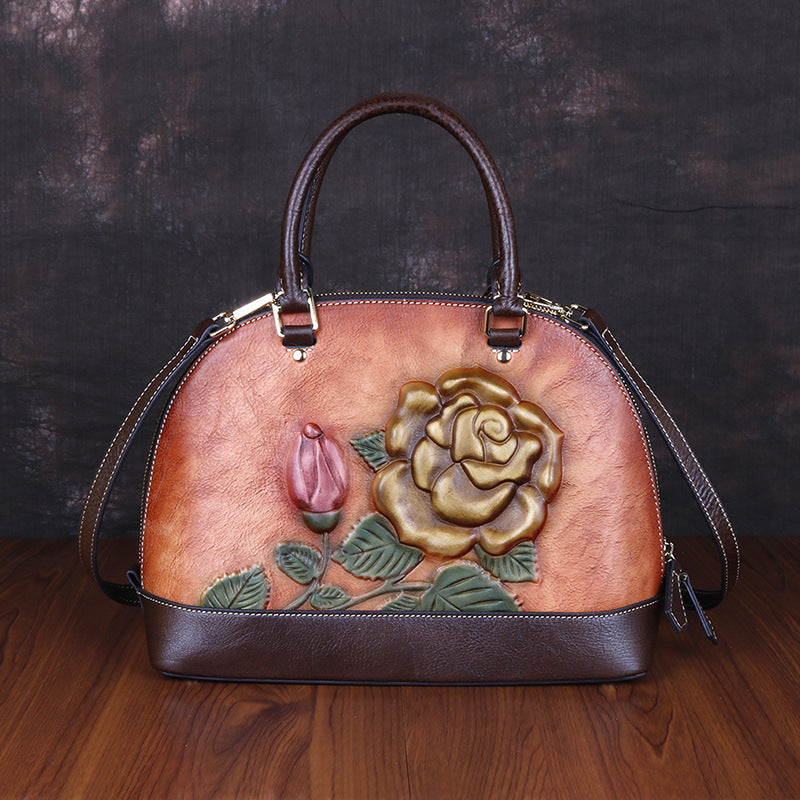 The First Layer Cowhide Bag Rose Embossed Leather Handbag Portable Shell Bag ShoppingLife.site