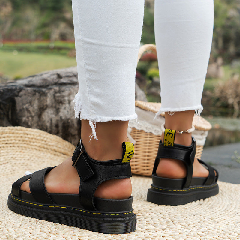 Summer Thick-soled Cross-strap Solid Color Buckle Plus Size Hollow-out Roman Style Sandals ShoppingLife.site