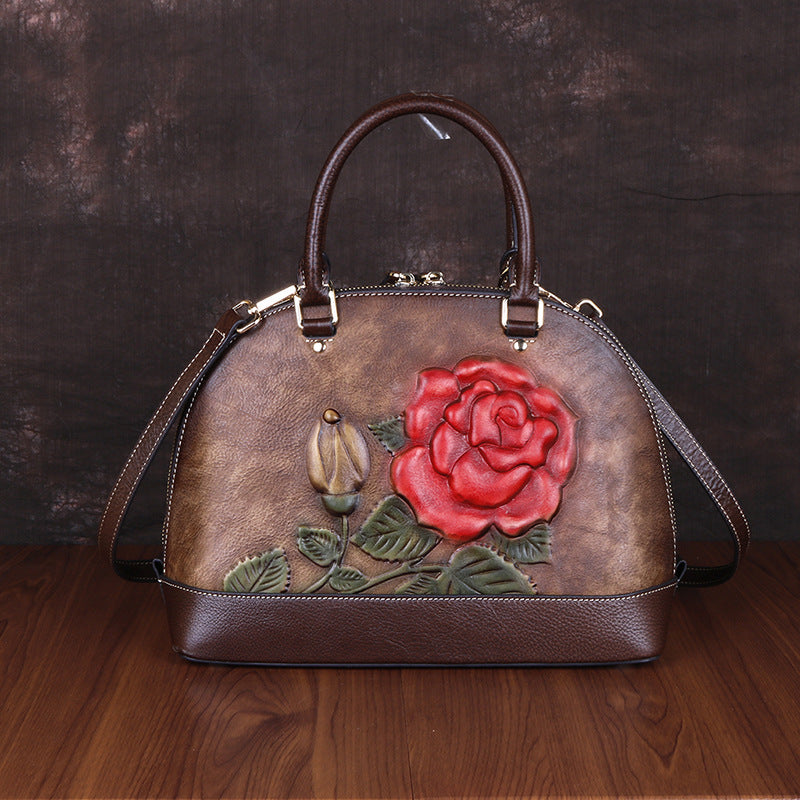 The First Layer Cowhide Bag Rose Embossed Leather Handbag Portable Shell Bag ShoppingLife.site