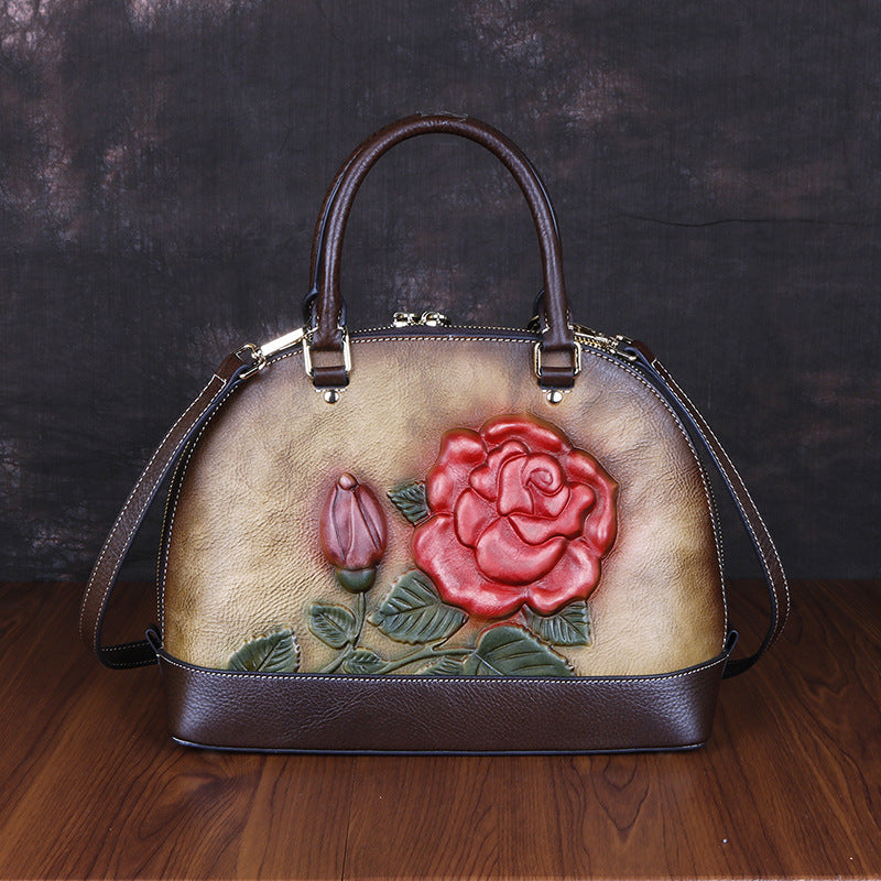 The First Layer Cowhide Bag Rose Embossed Leather Handbag Portable Shell Bag ShoppingLife.site