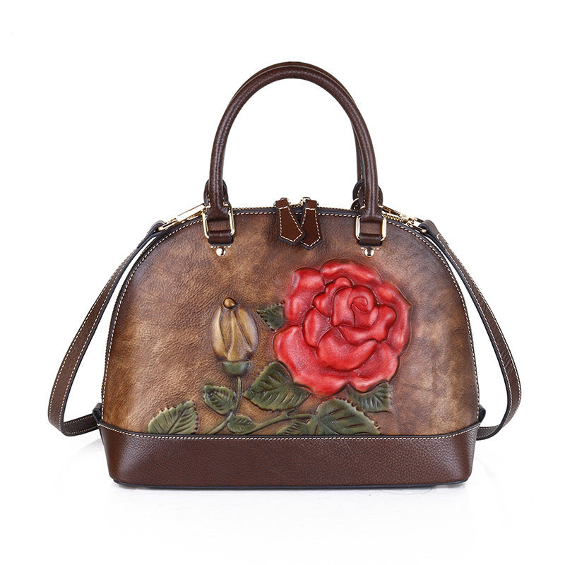 The First Layer Cowhide Bag Rose Embossed Leather Handbag Portable Shell Bag ShoppingLife.site