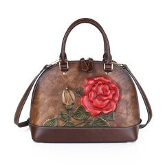 The First Layer Cowhide Bag Rose Embossed Leather Handbag Portable Shell Bag ShoppingLife.site