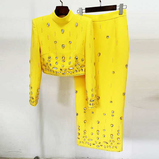 Fashion New Heavy Industry Beads Diamond Inlaid Short Top Long Skirt Suit ShoppingLife.site