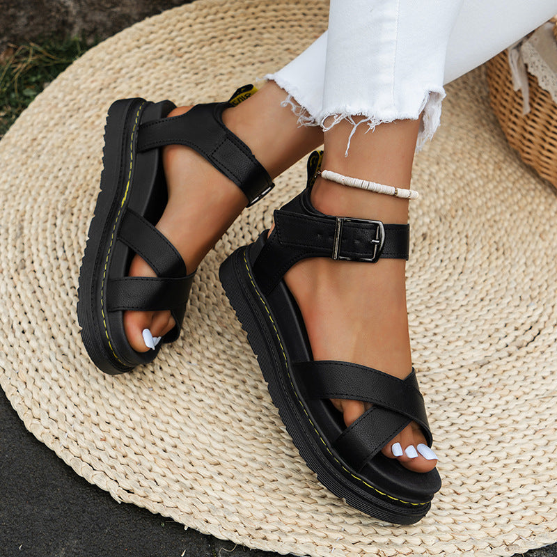 Summer Thick-soled Cross-strap Solid Color Buckle Plus Size Hollow-out Roman Style Sandals ShoppingLife.site