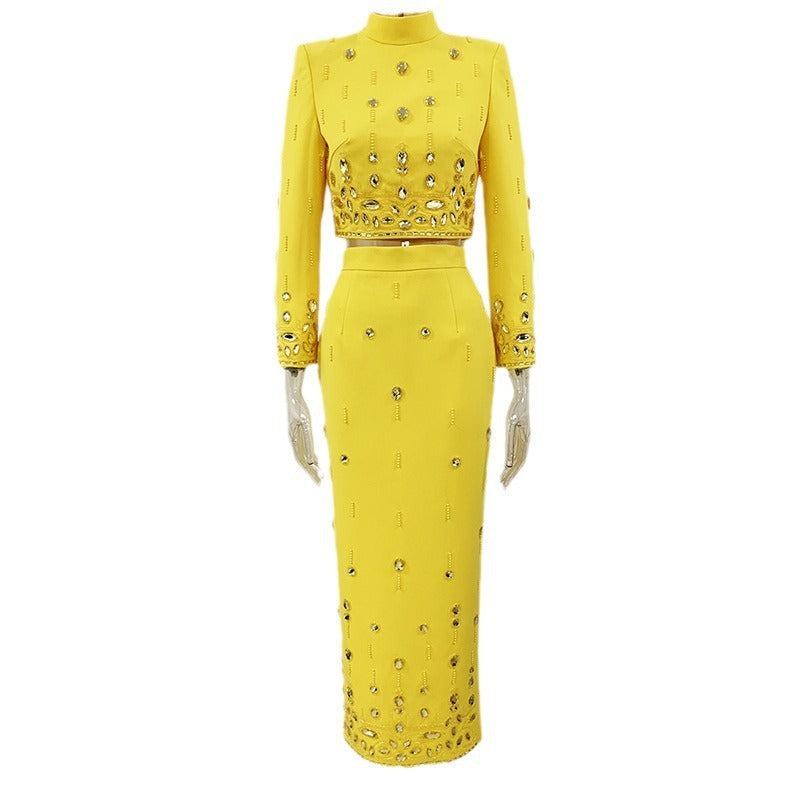 Fashion New Heavy Industry Beads Diamond Inlaid Short Top Long Skirt Suit ShoppingLife.site