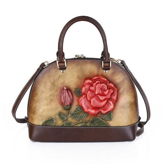 The First Layer Cowhide Bag Rose Embossed Leather Handbag Portable Shell Bag ShoppingLife.site