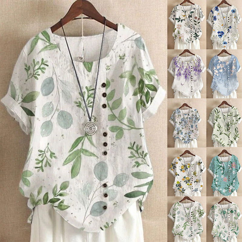 Retro Cotton And Linen Printed Loose Casual Shirt Short-sleeved T-shirt For Women ShoppingLife.site