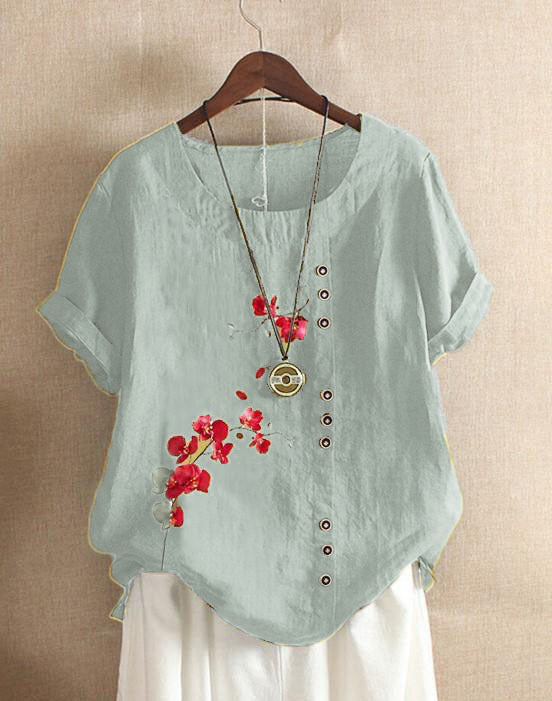 Retro Cotton And Linen Printed Loose Casual Shirt Short-sleeved T-shirt For Women ShoppingLife.site
