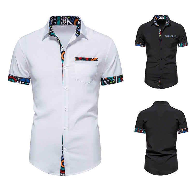 New Men's African Print Stitching Design Short Sleeve Button Shirt Men's Casual Shirt ShoppingLifes.com