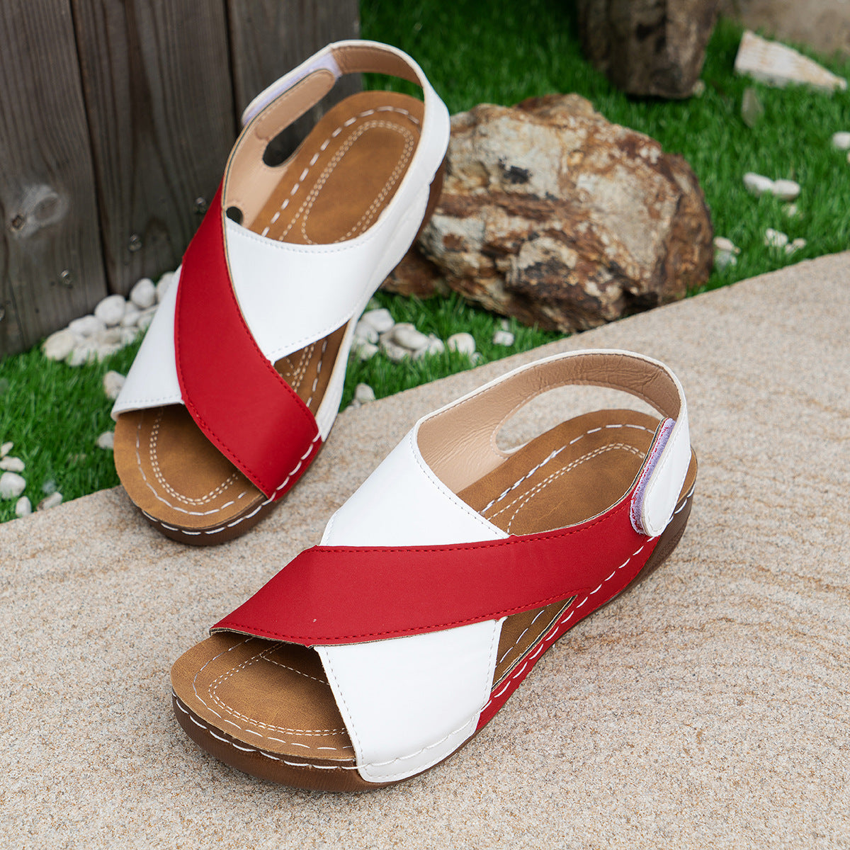 Summer Wedges Sandals With Colorblock Cross-strap Design Casual Thick-soled Roman Shoes For Women ShoppingLife.site