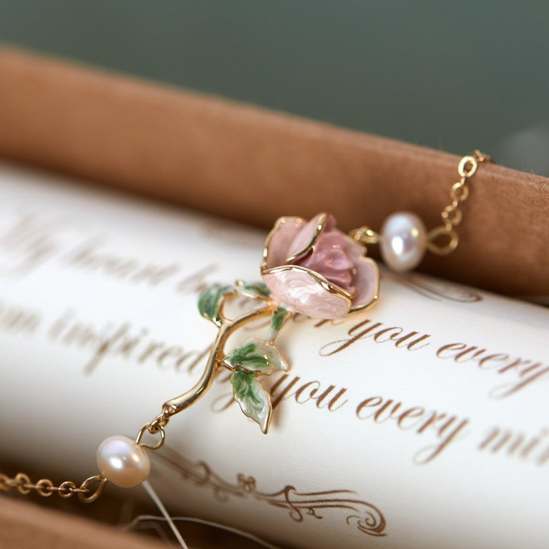 Super Gentle Rose Retro Exquisite Enamel Drip Glazed Brass Gold-plated Pearl Bracelet ShoppingLife.site
