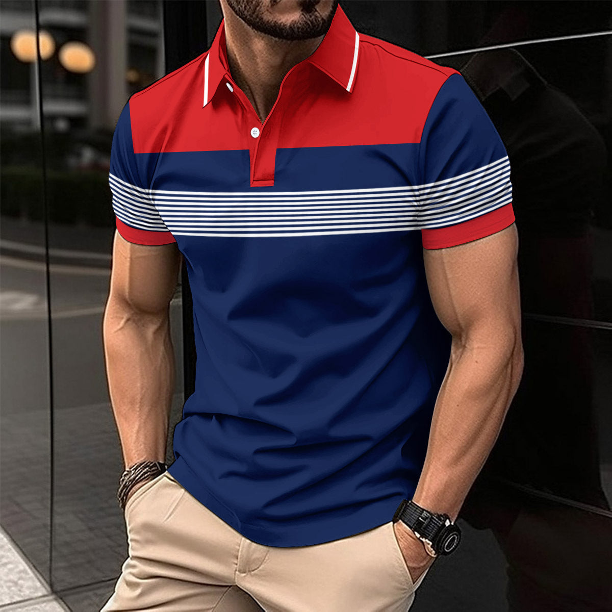 Men's Casual V-neck Button Business Striped All-matching Polot Shirt ShoppingLife.site