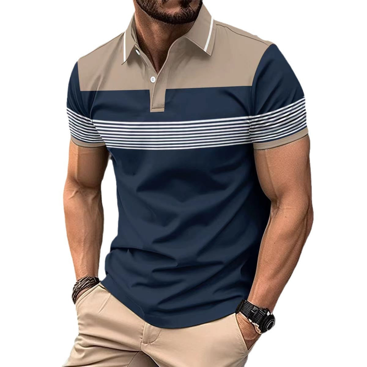 Men's Casual V-neck Button Business Striped All-matching Polot Shirt ShoppingLife.site