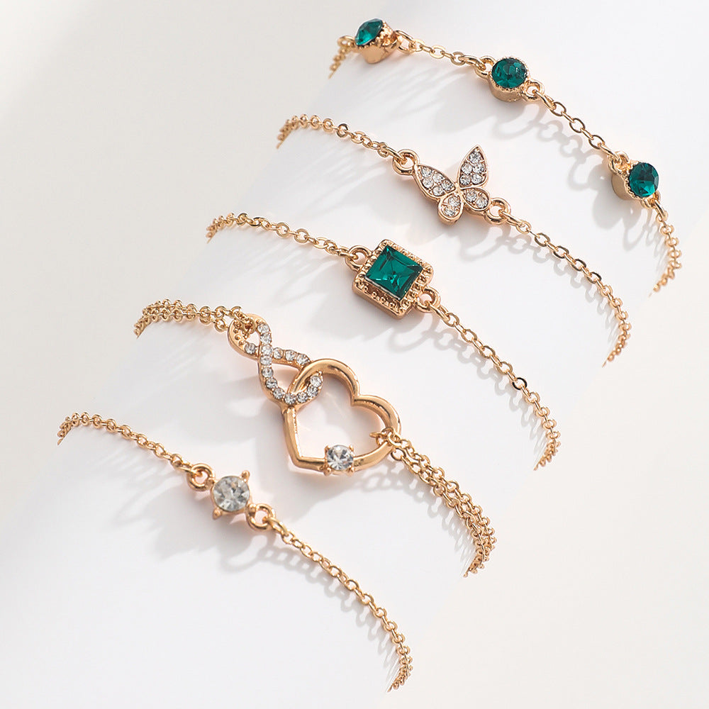 Bohemian 5pc Green Crystal Bracelets Jewelry Set For Women Heart Bracelet Wedding Engagement Bracelet Fashion Jewelry ShoppingLife.site