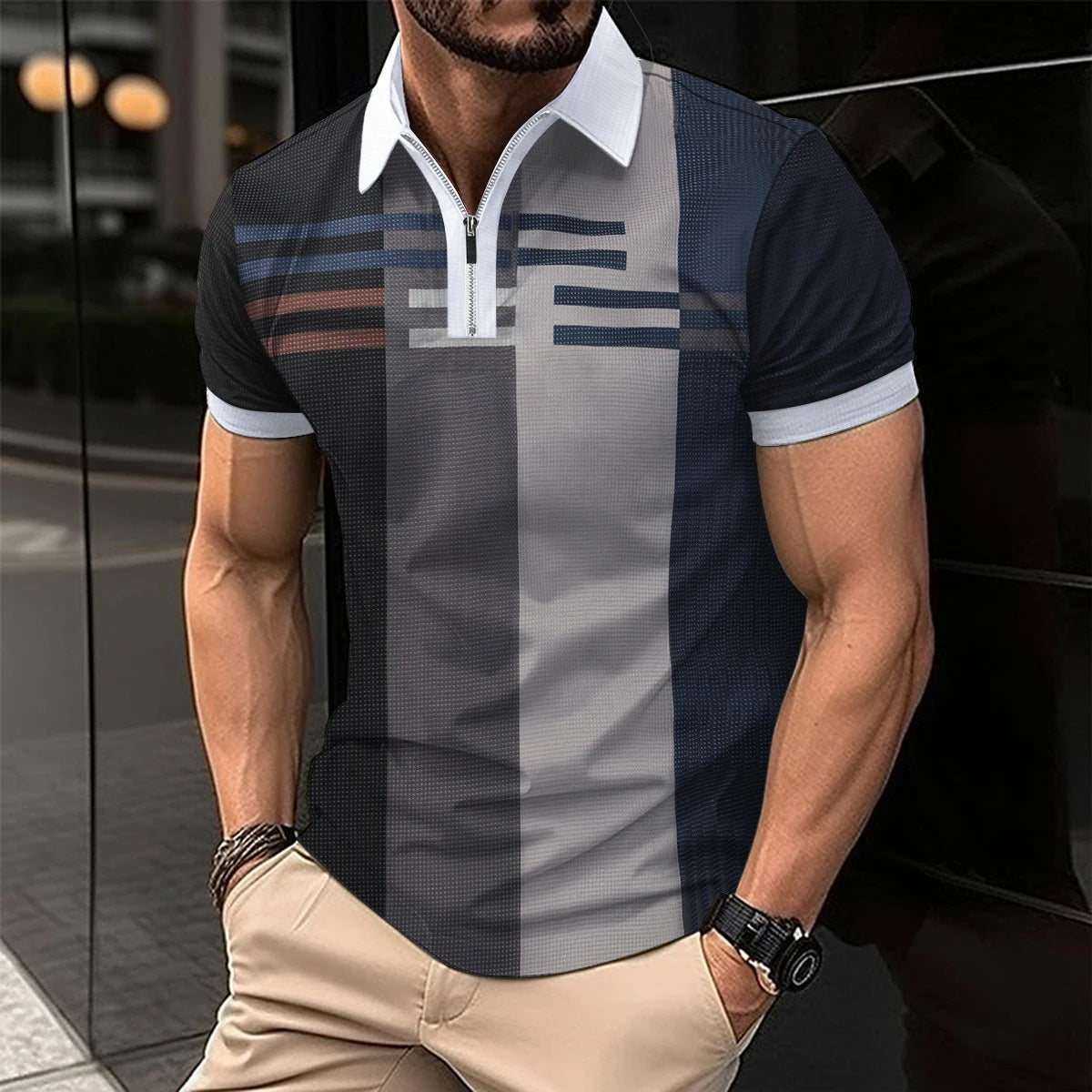 Men's Retro Fashion Plaid Pattern 3D Casual Zipper Lapel Short Sleeve ShoppingLife.site