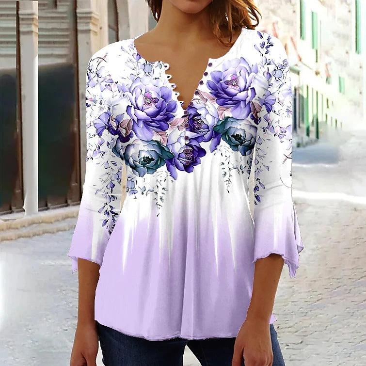 Women's Floral Printed 34 Sleeves V-neck Buttons Shirt ShoppingLifes.com