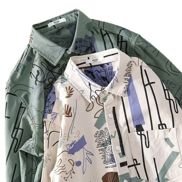 Hong Kong Style Fashion Men's Loose Printed Long Sleeve Shirt ShoppingLifes.com
