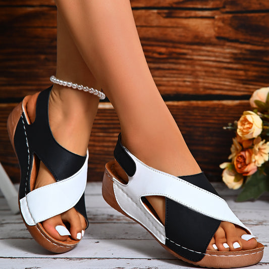 Summer Wedges Sandals With Colorblock Cross-strap Design Casual Thick-soled Roman Shoes For Women ShoppingLife.site